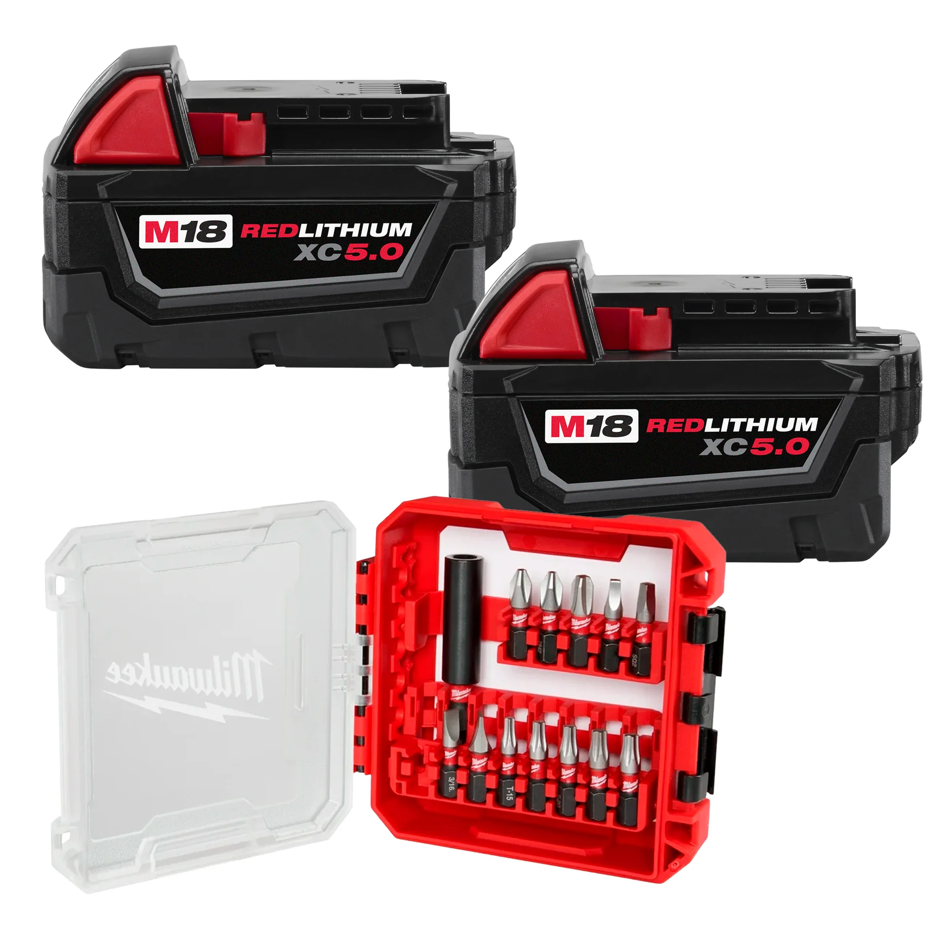 Milwaukee M18 Redlithium XC 5.0Ah Extended Capacity 2-Pack Batteries + 13-Piece Bit Set