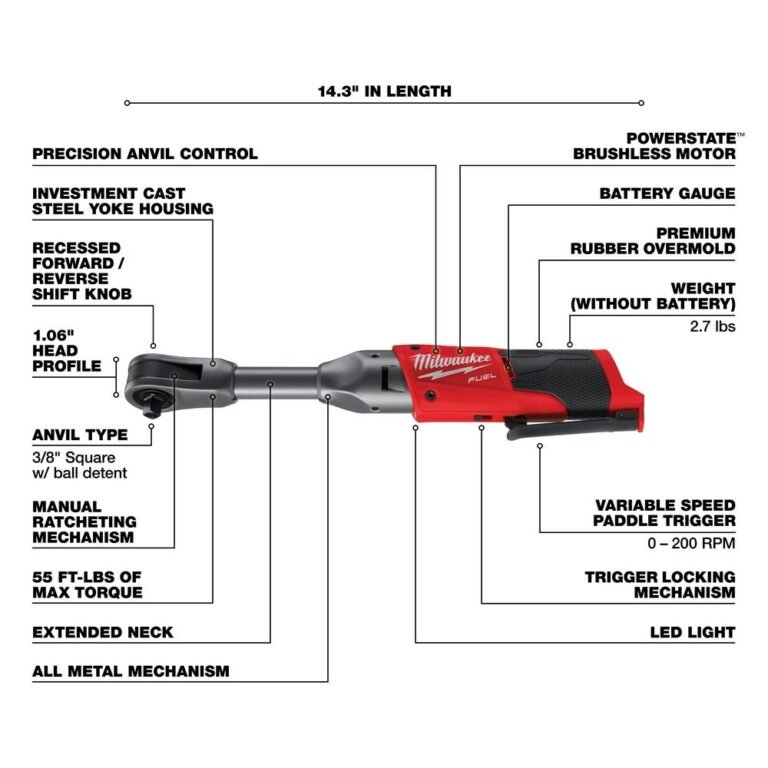 Milwaukee 2560-20 M12 FUEL 3/8″ Extended Reach Ratchet, Tool Only