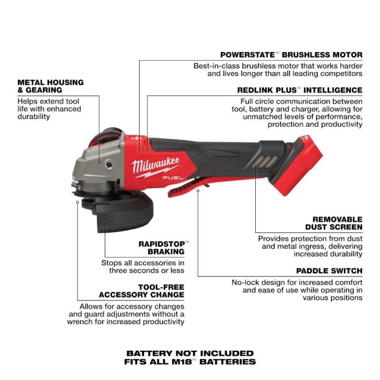 Milwaukee 2888-20 M18 FUEL 4-1/2-in / 5-in Variable Speed Braking Grinder, Paddle Switch No-Lock , Tool Only