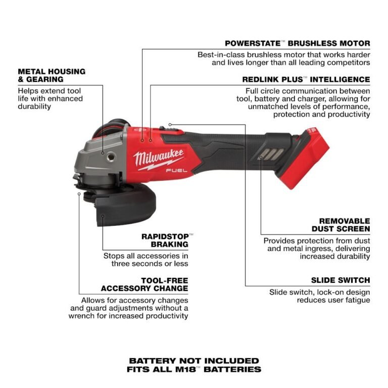 Milwaukee 2889-20 M18 FUEL 4-1/2-in / 5-in Variable Speed Braking Grinder, Slide Switch Lock-On , Tool Only