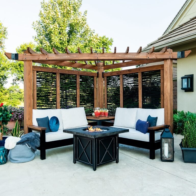 Tuscany Corner Pergola with Conversation Seating – Bamboo Panels